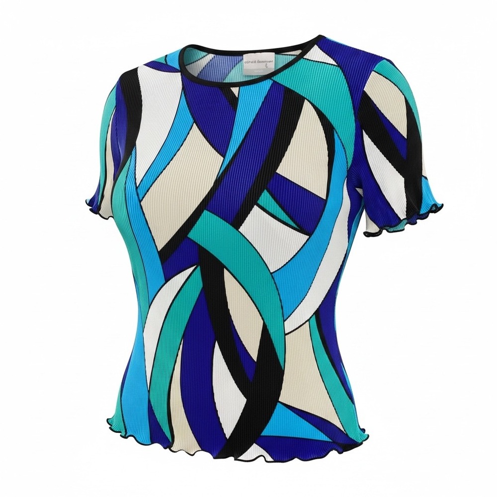 Alfred Dunner Petite Blue Abstract Plisse Short Sleeve Top PM Lettuce Edge Hem